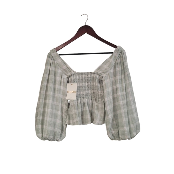 New Show Me Your MuMu Sage Green Gingham Ruffle Crop Smocked Top Small - Picture 6 of 8